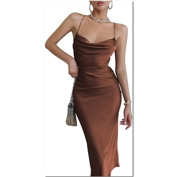 lyaner Dresses & Skirts - Satin Draped Neck Straps Midi Dress Sexy Brown Cutout Cocktail Dress Small